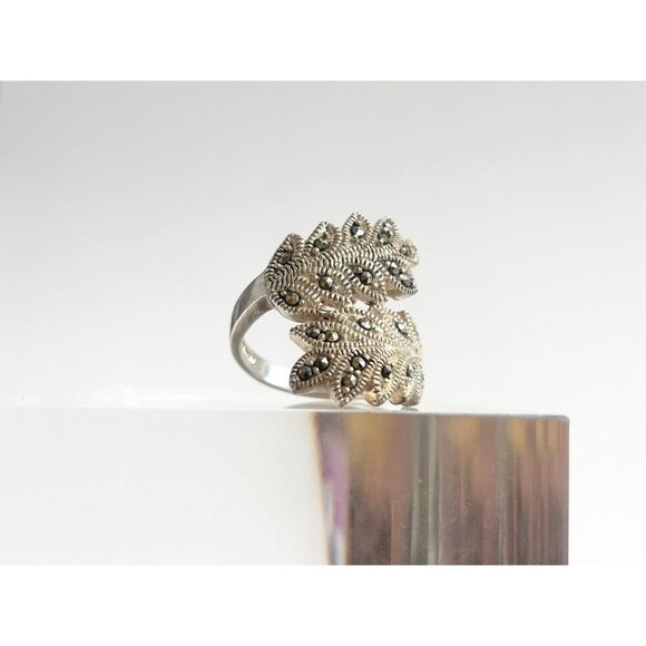 Art Deco Marcasite Foliage Bypass Shank Crossover Milgrain Vintage Ring - sz 7 - Picture 4 of 10